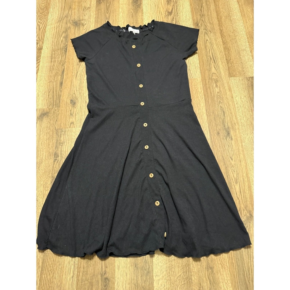 Poof New York Dress, Women's Size Large, Black, Buttons Up, Short Sleeve, A-line